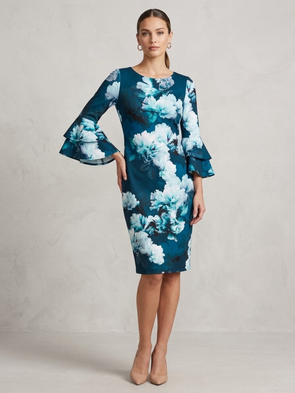 Calvin Klein Teal Floral Sheath Dress with Tiered Bell Sleeves 8
